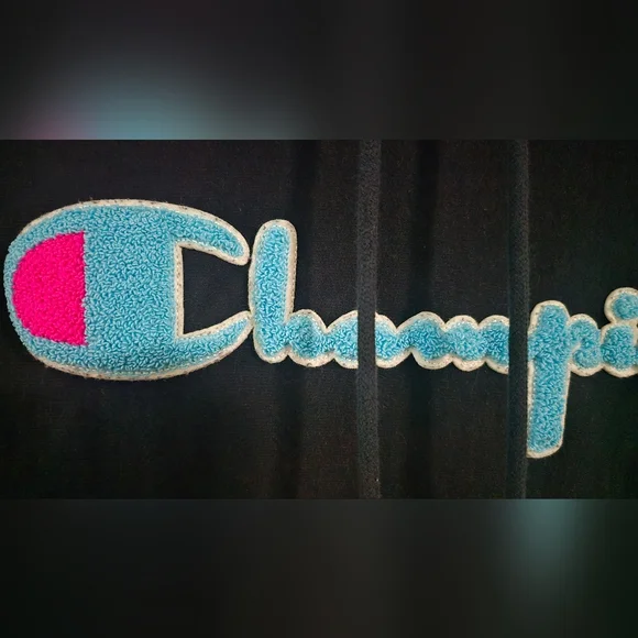 Champion Reverse Weave Black Hoodie XS Chenille Logo Pullover Sweatshirt - Picture 3 of 4